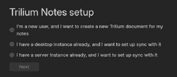 Asistente de configuración inicial de Trilium