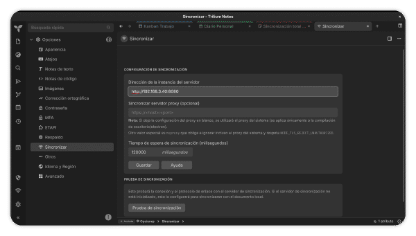 Dirección del servidor en ajustes de sincronización