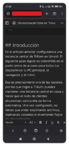 PWA de Trilium en móvil Android