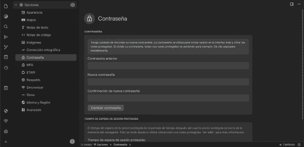 Configuración de contraseña de cifrado en Trilium
