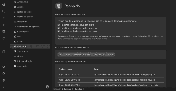 Backup manual en Trilium