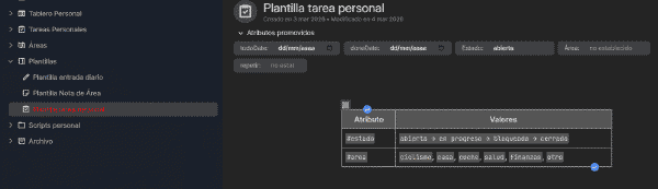 Panel de atributos de una nota en Trilium