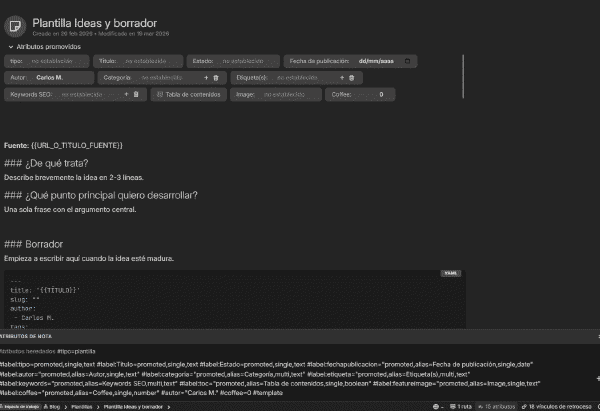Atributos promovidos en la plantilla de artículo del blog en Trilium