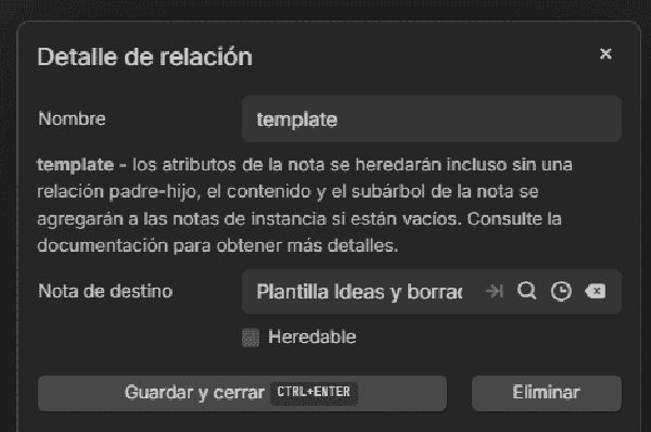 Selección de plantilla para nota existente en Trilium