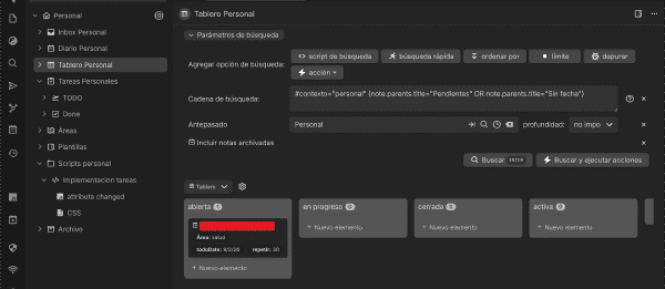 Tablero personal en Trilium con búsqueda guardada