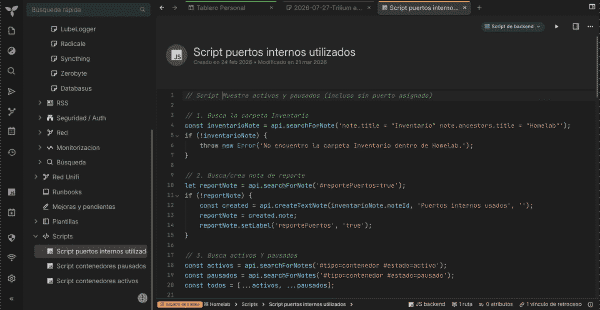 Dashboard de contenedores en Trilium