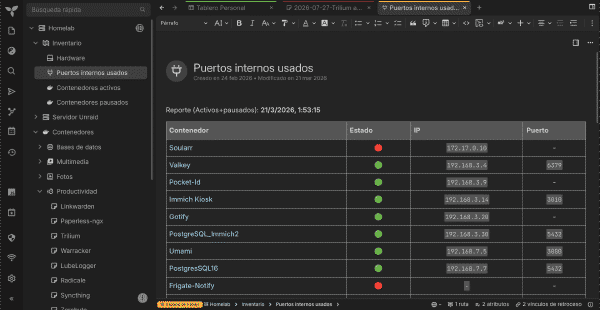 Informe de puertos internos en Trilium
